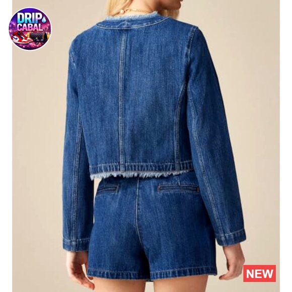 Cropped Denim Jacket Distressed Frayed Collarless Trendy Y2K Chic Button Down - Picture 2 of 5